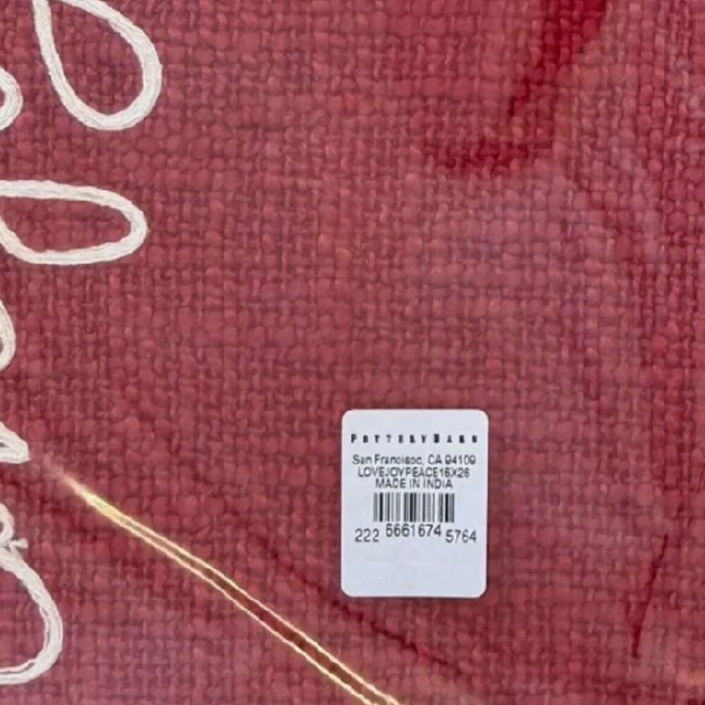 NEW Pottery Barn Love Joy Peace Embroidered Lumbar Pillow Cover | Cardinal Red